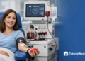 Woman donating blood using advanced medical device in modern laboratory setting for community blood bank