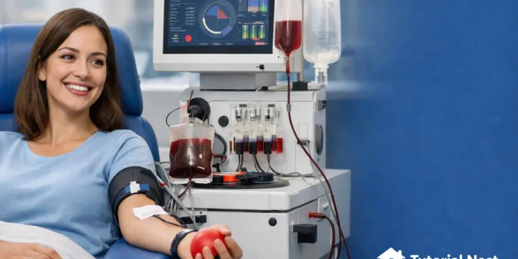 Woman donating blood using advanced medical device in modern laboratory setting for community blood bank
