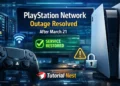 PlayStation Network outage resolved after March 21 showing PS5 console, controller, and service restored status with digital network background