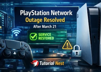 PlayStation Network outage resolved after March 21 showing PS5 console, controller, and service restored status with digital network background
