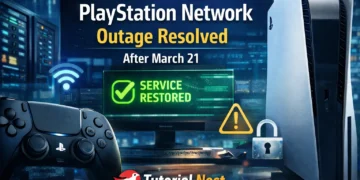 PlayStation Network outage resolved after March 21 showing PS5 console, controller, and service restored status with digital network background