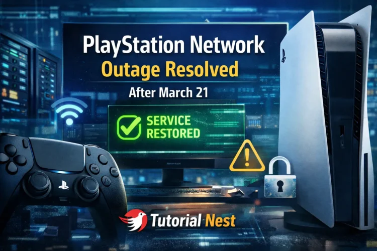PlayStation Network outage resolved after March 21 showing PS5 console, controller, and service restored status with digital network background
