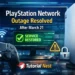 PlayStation Network outage resolved after March 21 showing PS5 console, controller, and service restored status with digital network background