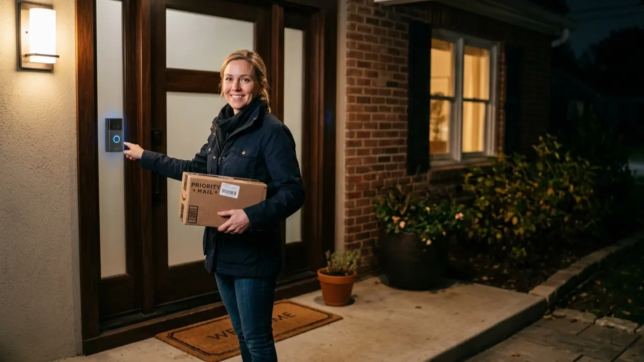Person holding package at front door with smart doorbell security system active
