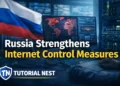 Russia internet control measures showing digital surveillance, cybersecurity systems, and data monitoring infrastructure