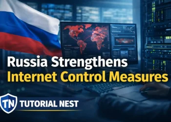 Russia internet control measures showing digital surveillance, cybersecurity systems, and data monitoring infrastructure