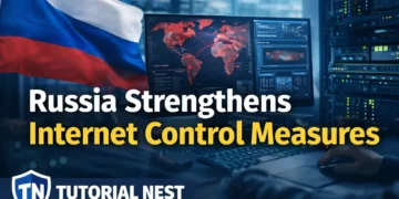 Russia internet control measures showing digital surveillance, cybersecurity systems, and data monitoring infrastructure