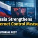 Russia internet control measures showing digital surveillance, cybersecurity systems, and data monitoring infrastructure