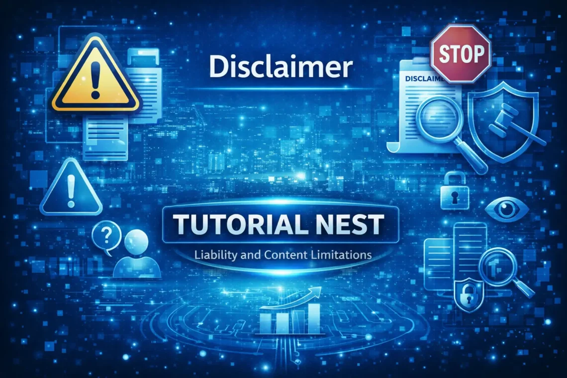 Tutorial Nest disclaimer page showing warning symbols, legal icons, and digital security elements representing liability and content limitations