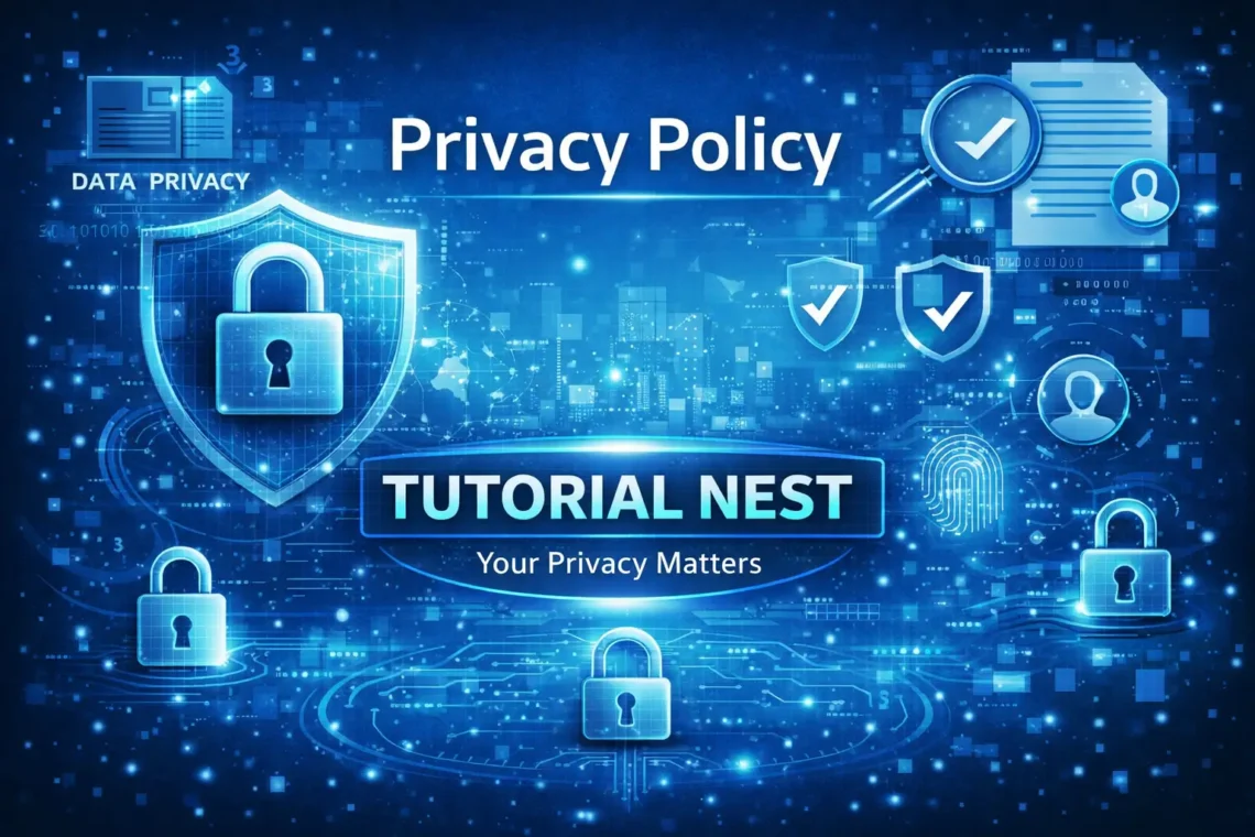 Tutorial Nest privacy policy image showing data protection, cybersecurity shield, and digital privacy concepts with secure lock icons
