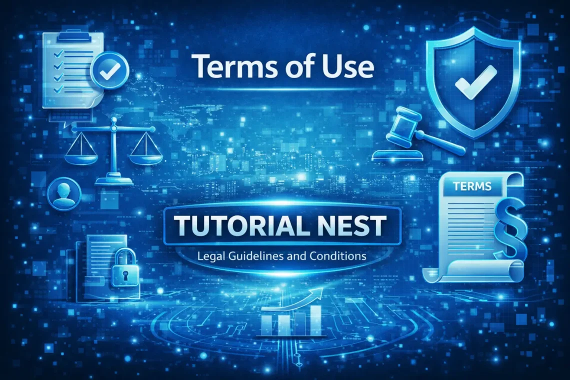 Tutorial Nest terms of use page showing legal guidelines, digital security icons, and website conditions with shield and document symbols