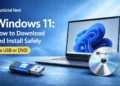 Realistic banner showing Windows 11 installation guide with a laptop, USB drive, and DVD, featuring Tutorial Nest logo.