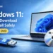 Realistic banner showing Windows 11 installation guide with a laptop, USB drive, and DVD, featuring Tutorial Nest logo.