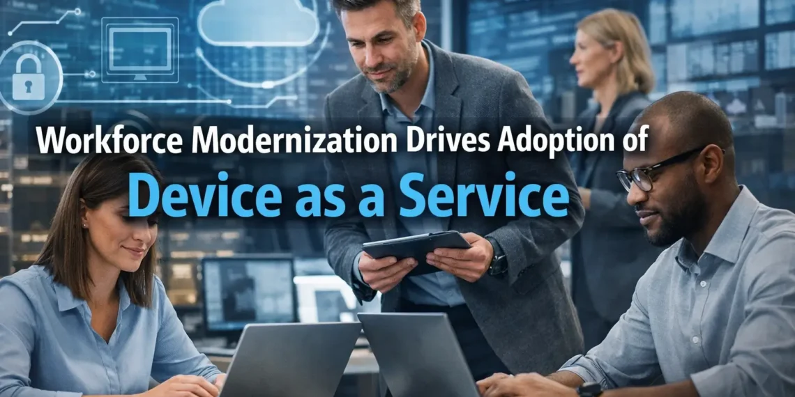 Business professionals using laptops in a modern digital workspace with device as a service technology and cloud systems