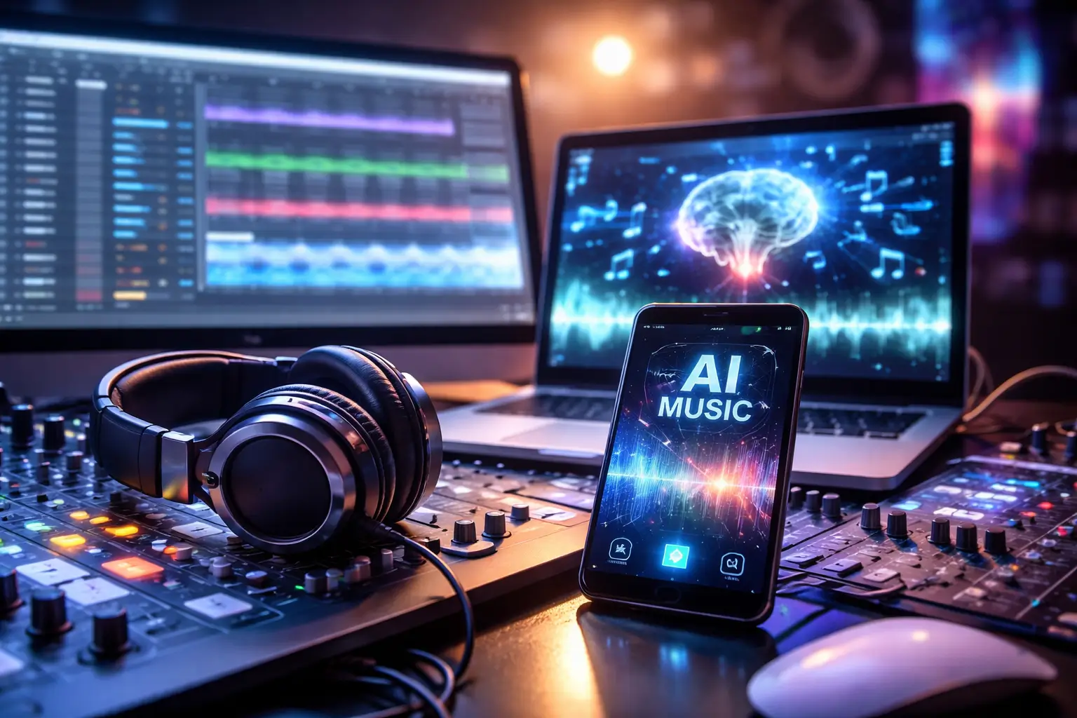 AI-generated music production studio with headphones and digital audio software interface