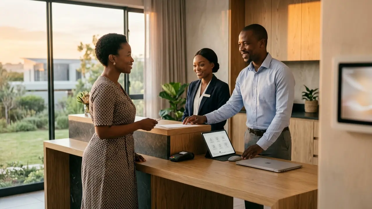 AI-powered hospitality experience with Google Workspace and Gemini improving guest interaction in modern hotel setting