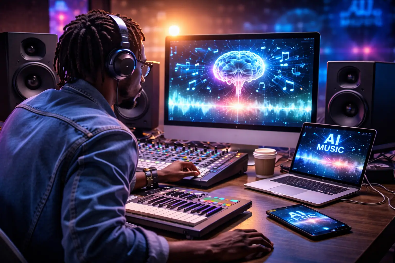 music producer using AI tools in a professional studio with digital audio workstation