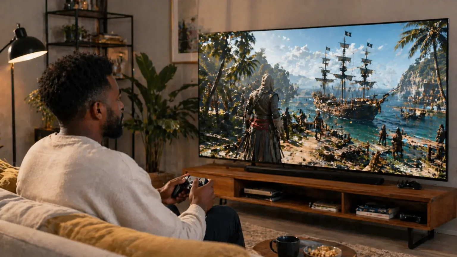 African gamer playing Assassin’s Creed Black Flag Resynced on a large TV in a modern living room