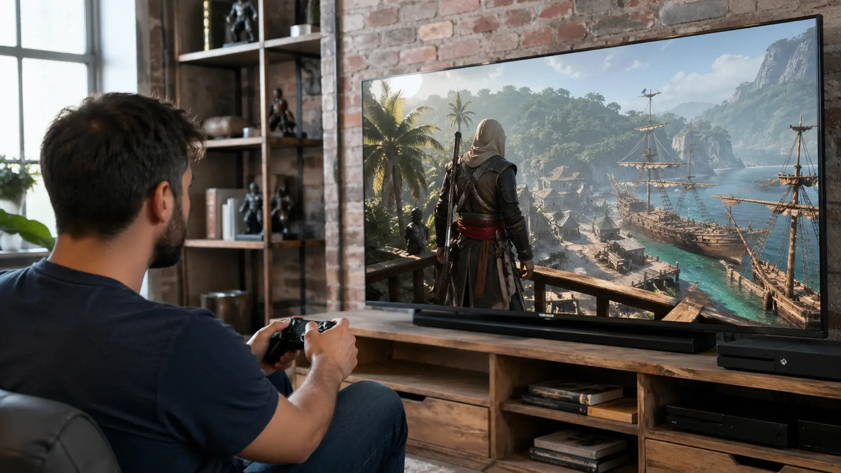 Man playing Assassin’s Creed Black Flag Resynced on a large TV in a modern industrial living room