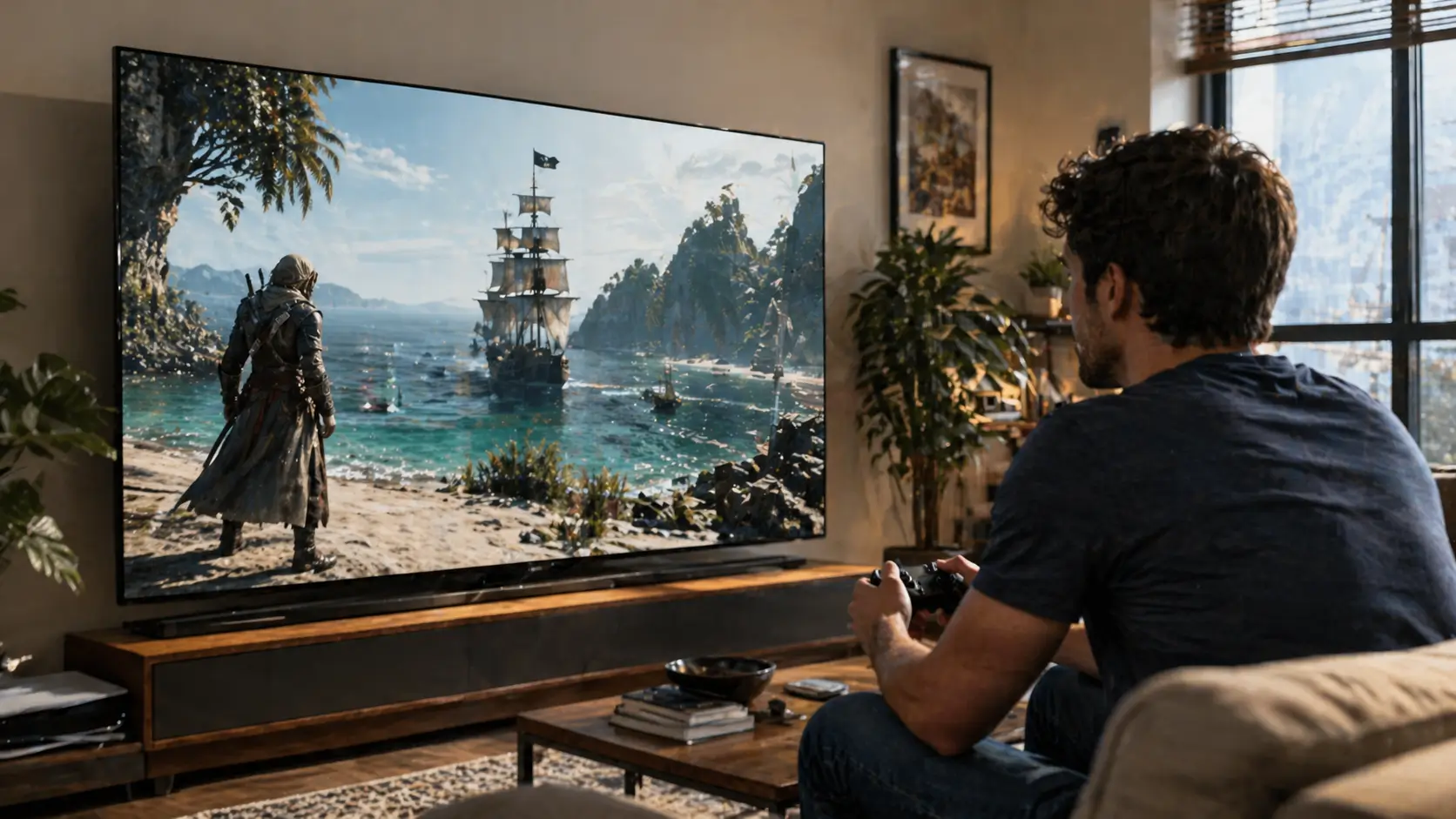 Player immersed in Assassin’s Creed Black Flag Resynced pirate adventure on a large TV display