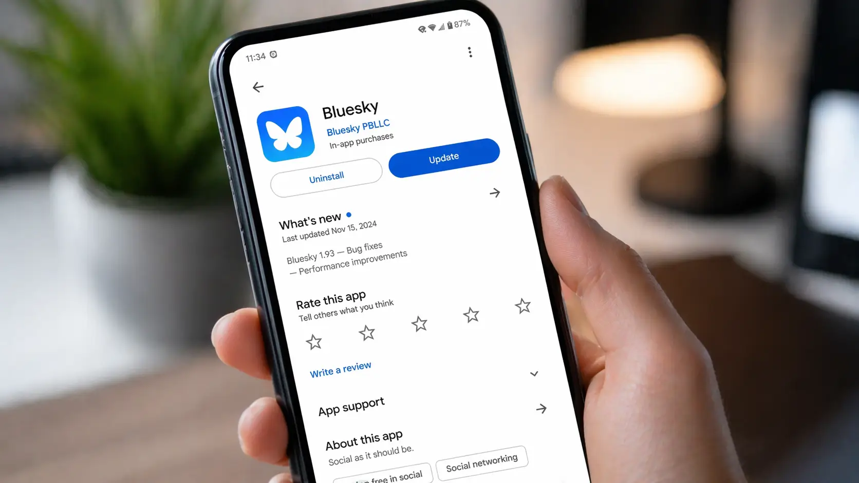 Bluesky app update screen on smartphone showing higher resolution image improvements