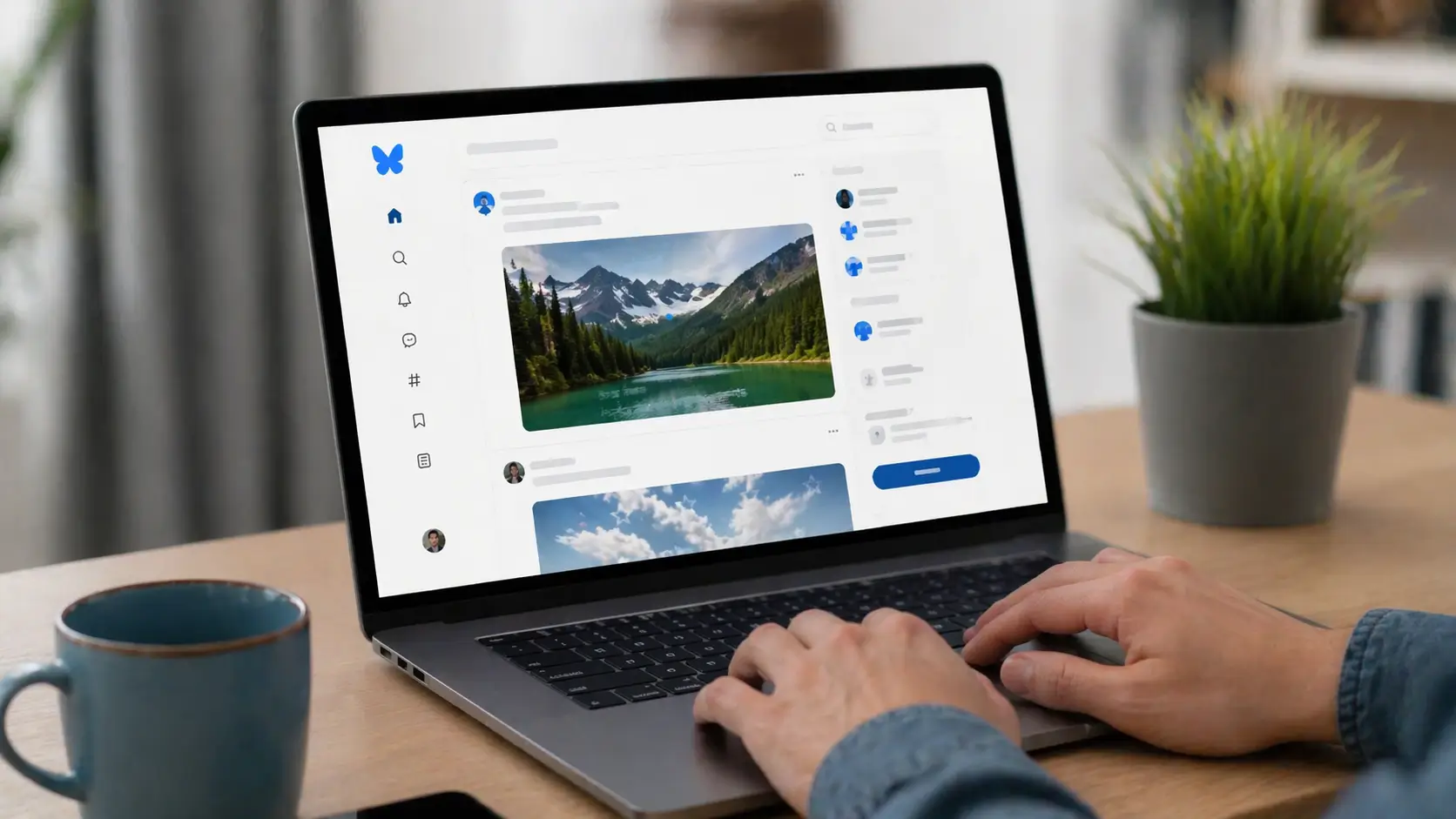 Bluesky web interface on laptop displaying high resolution images in feed