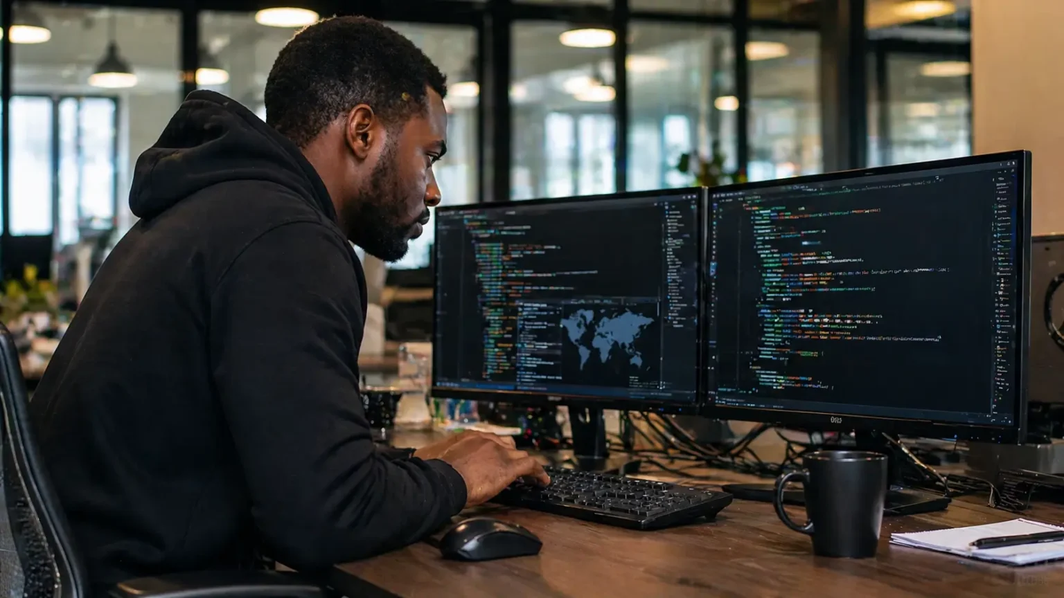 China-linked hacker extradited to US over massive cyberattacks illustrated by African cybersecurity expert analyzing code on multiple screens