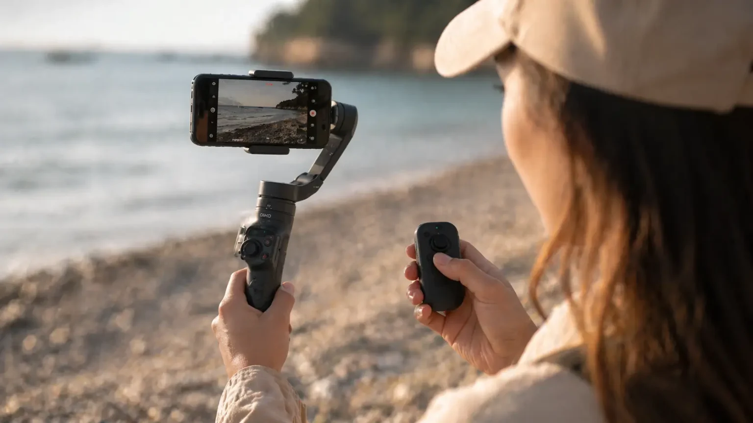 Woman using smartphone gimbal with wireless remote control filming on the beach