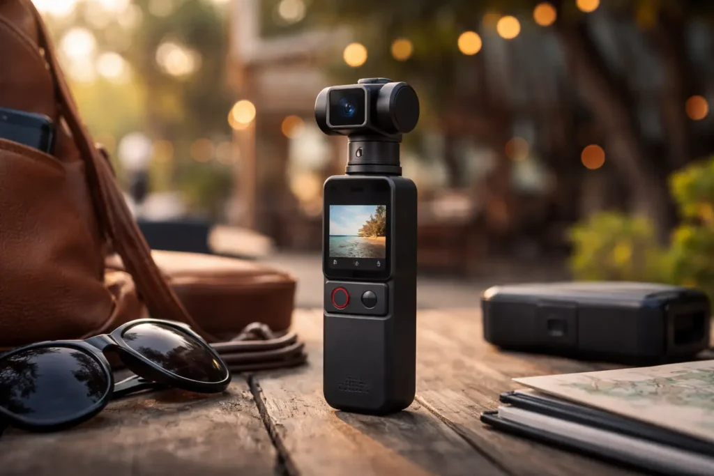 DJI Osmo Pocket 4 compact camera on table showing portable design and professional video capabilities
