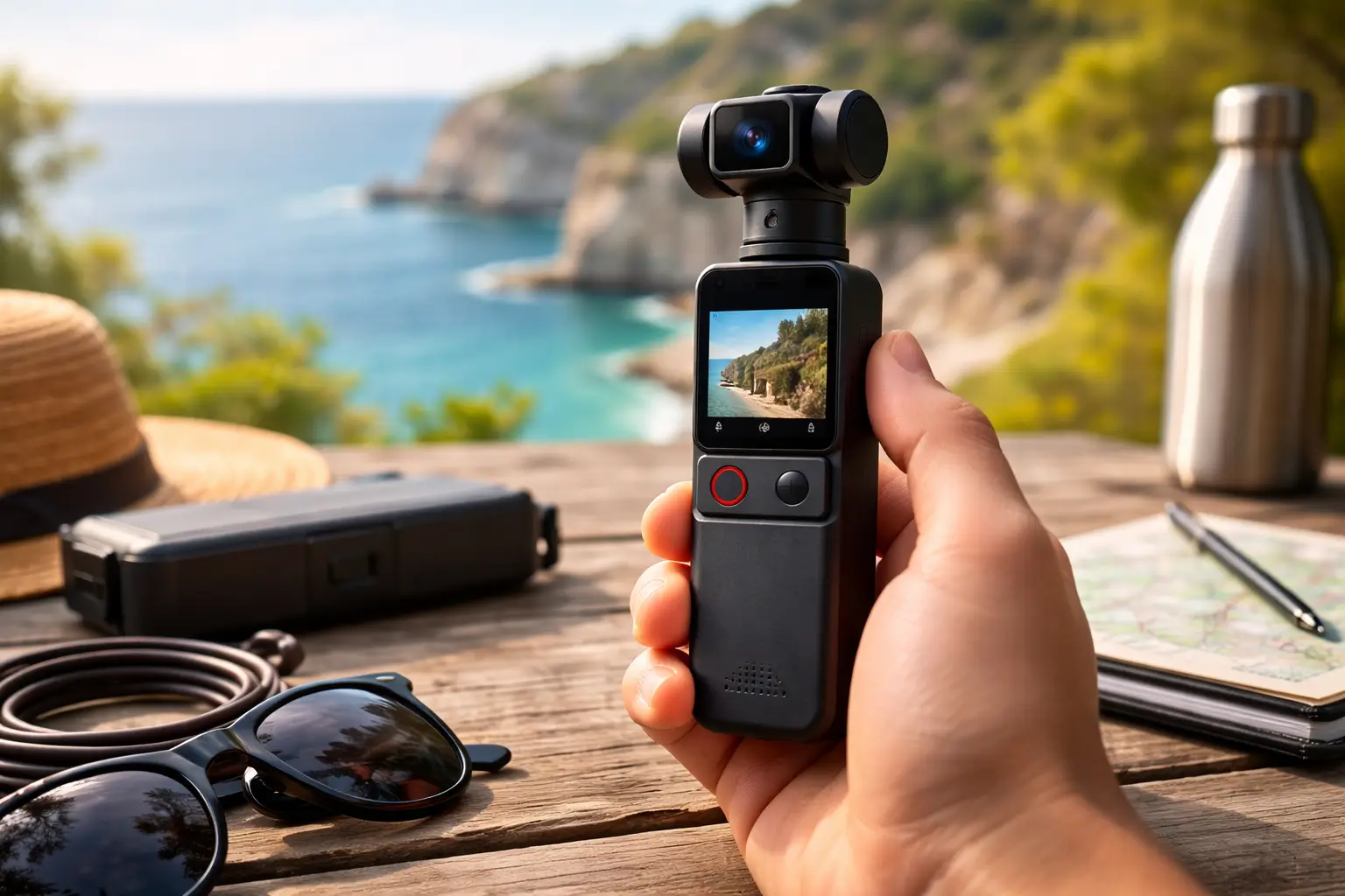 DJI Osmo Pocket 4 being used for travel vlogging capturing coastal scenery with handheld gimbal camera