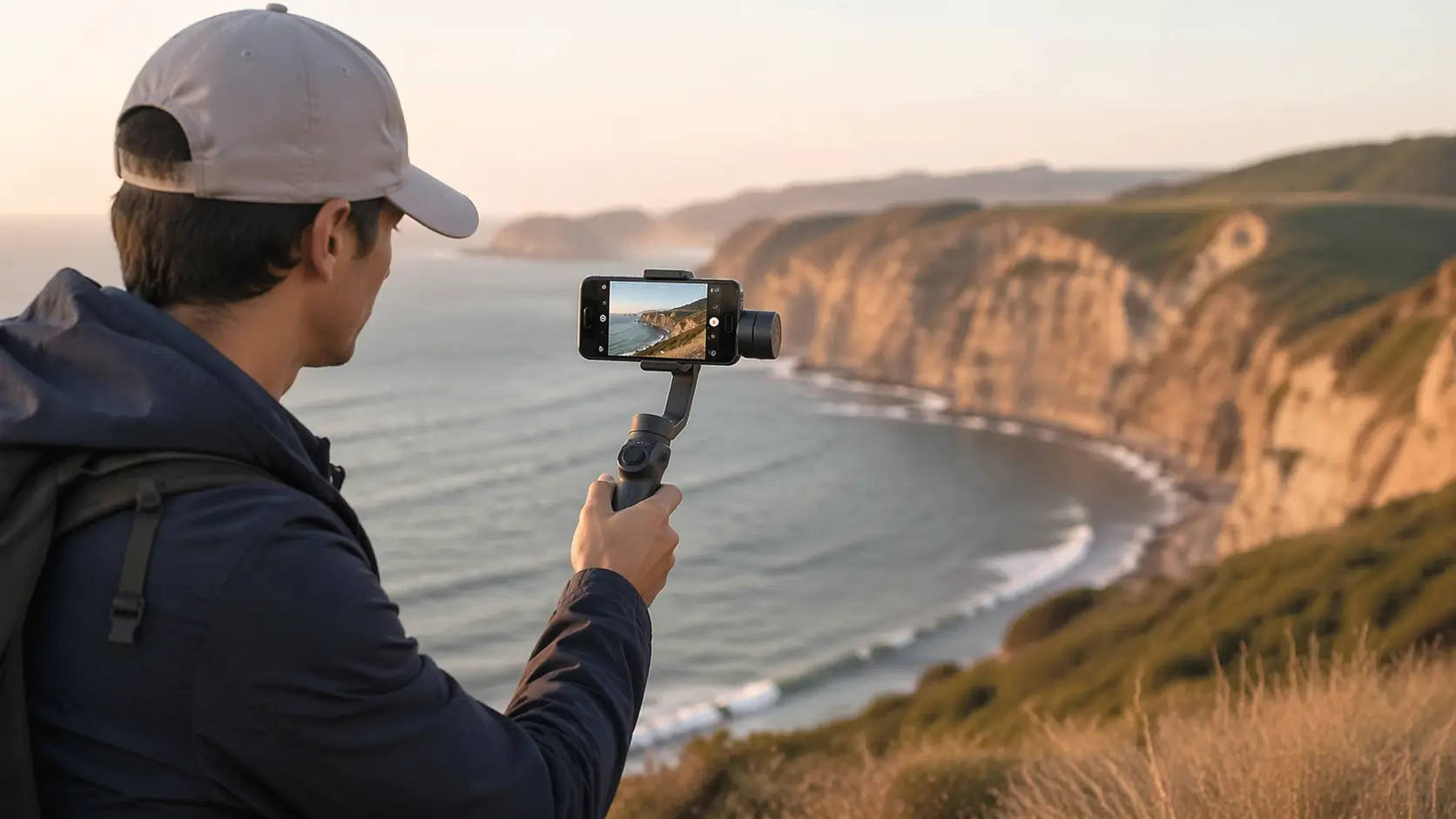 Man using smartphone stabilizer with wireless remote control filming coastal landscape at sunset
