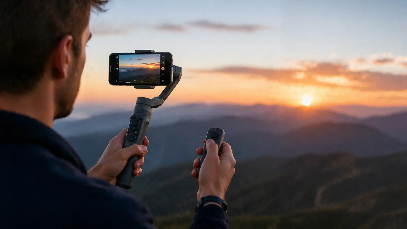 Person using DJI smartphone stabilizer with wireless remote control during sunset filming