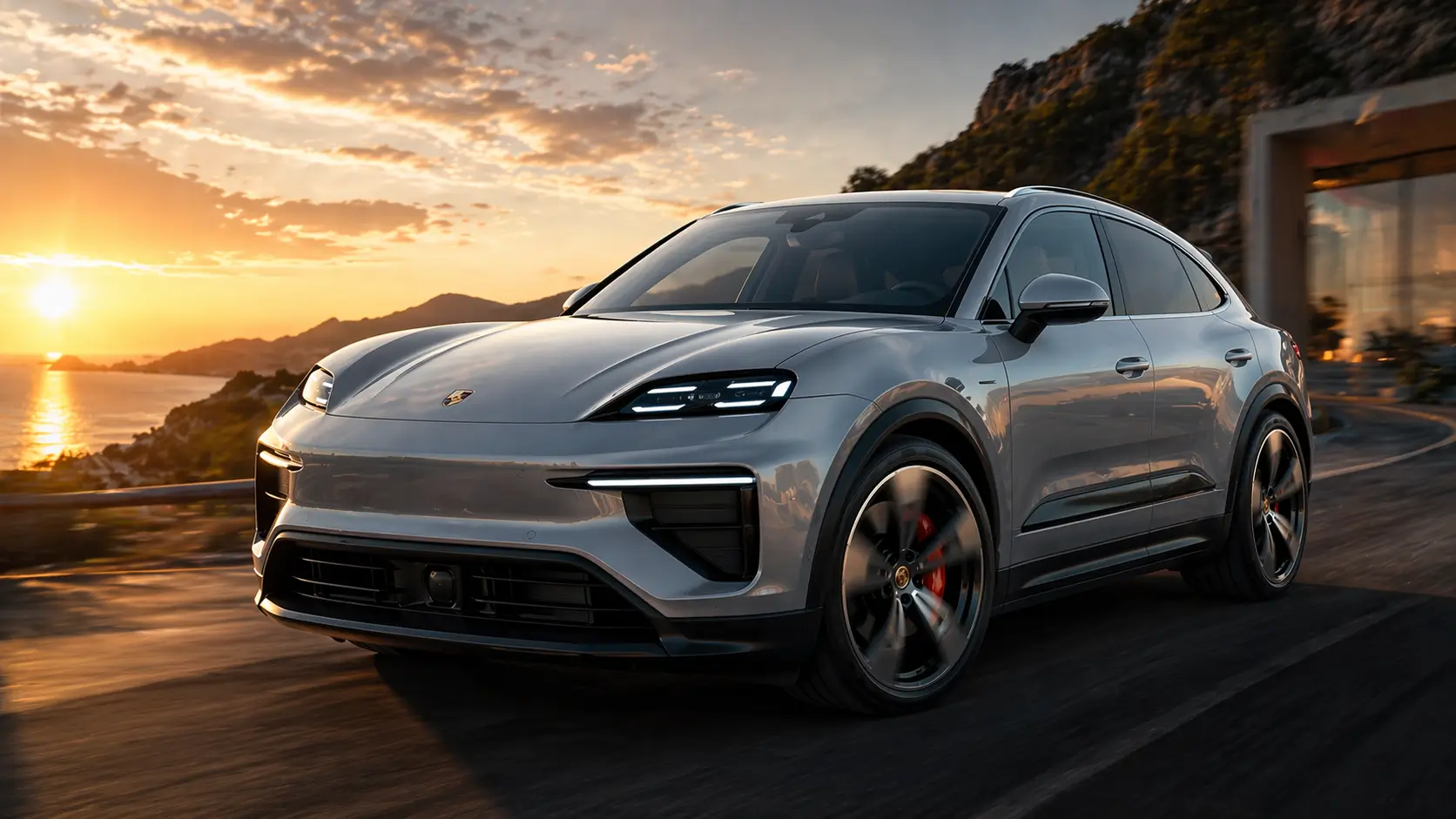 Electric Porsche Cayenne Coupe in a luxury lifestyle environment