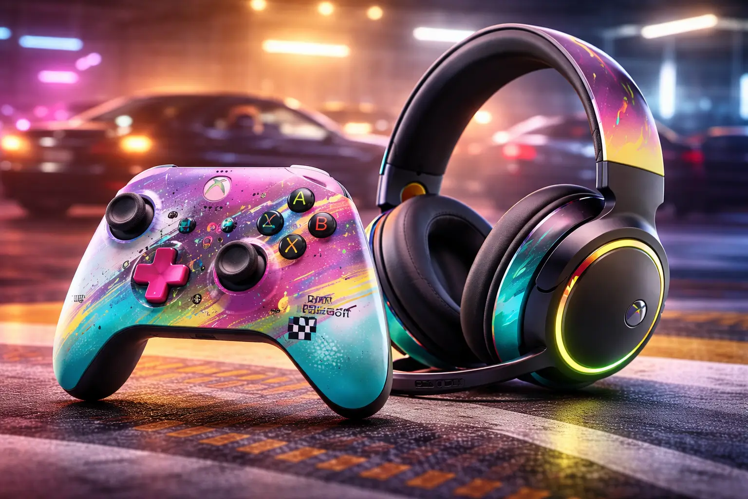 Forza Horizon 6 Xbox controller and headset placed in racing environment with blurred cars in background