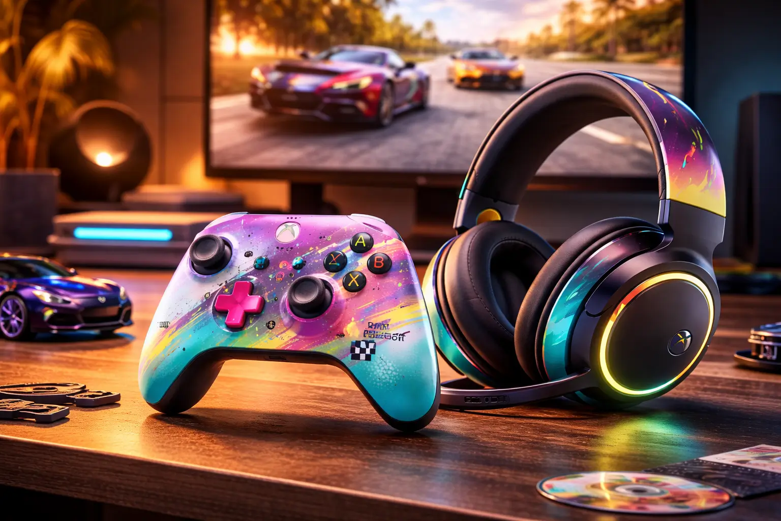 Forza Horizon 6 Xbox controller and headset on gaming desk setup with racing game displayed on screen