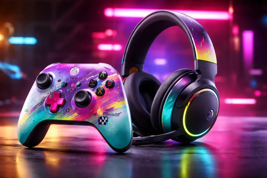 Forza Horizon 6 Xbox controller and headset with colorful neon design on reflective surface