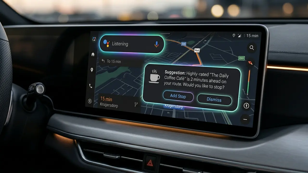 Gemini AI suggesting a coffee stop along a navigation route in a car