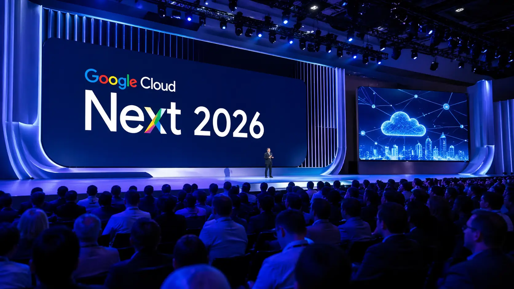 Google Cloud Next 2026 AI innovation keynote stage with enterprise cloud presentation