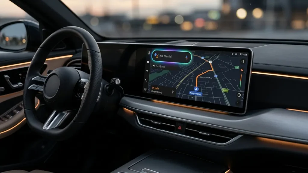 Google Gemini AI car dashboard interface with smart navigation system
