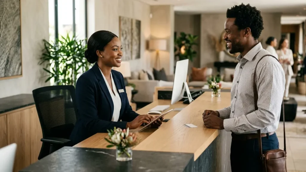 Google Workspace and Gemini in hospitality enhancing guest experience at hotel reception with friendly staff interaction