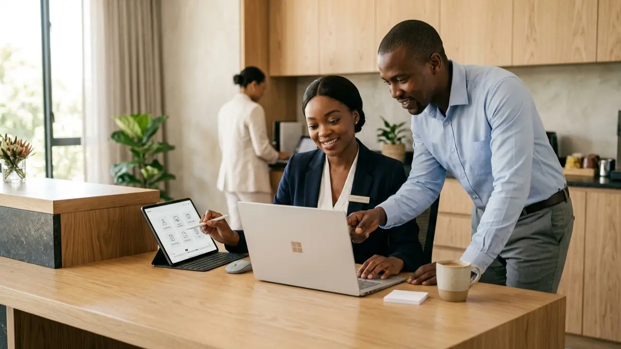Google Workspace and Gemini in hospitality helping hotel staff manage guest information using laptop and tablet