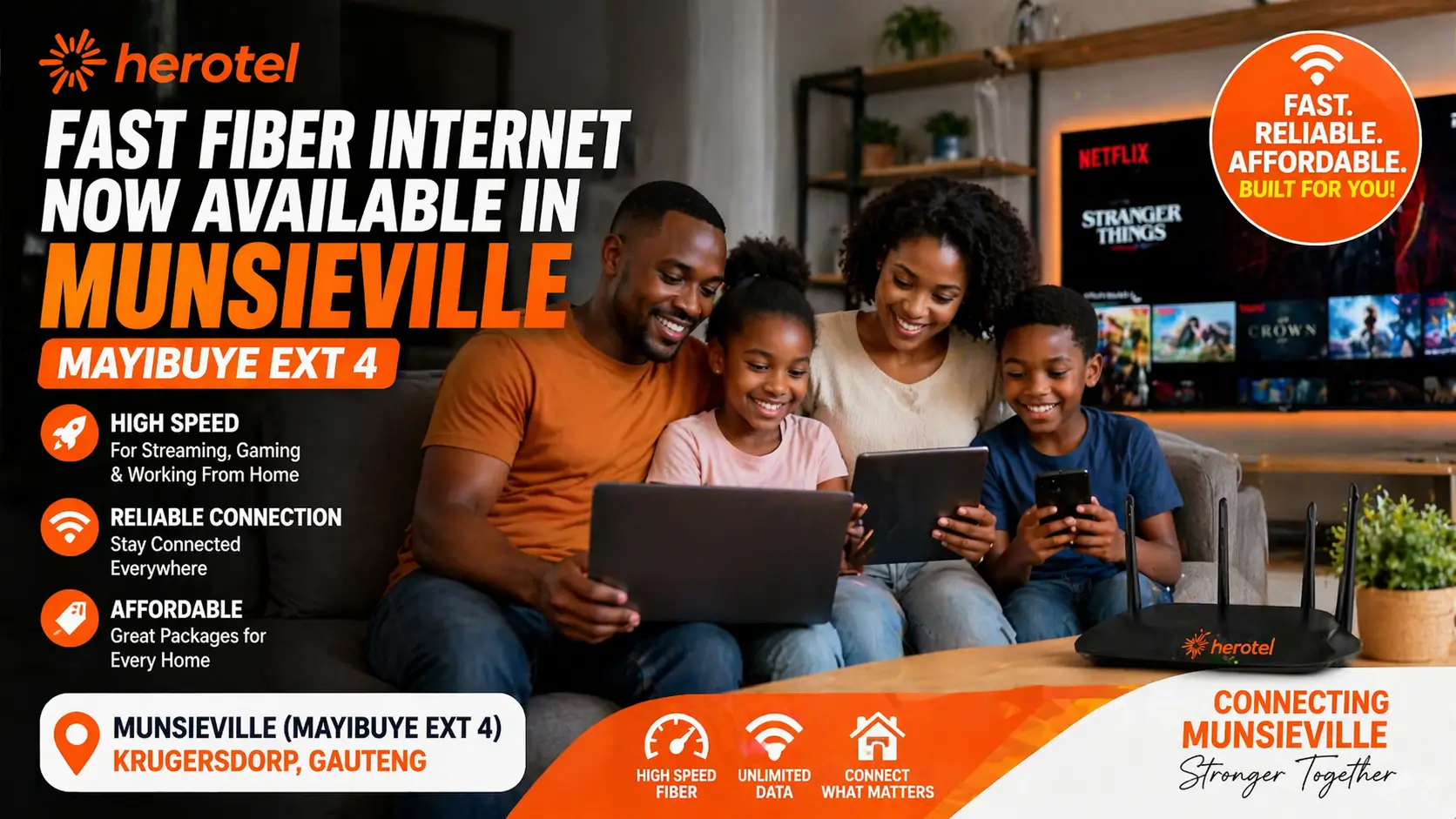 Family using fast fibre internet at home in Munsieville with Herotel WiFi