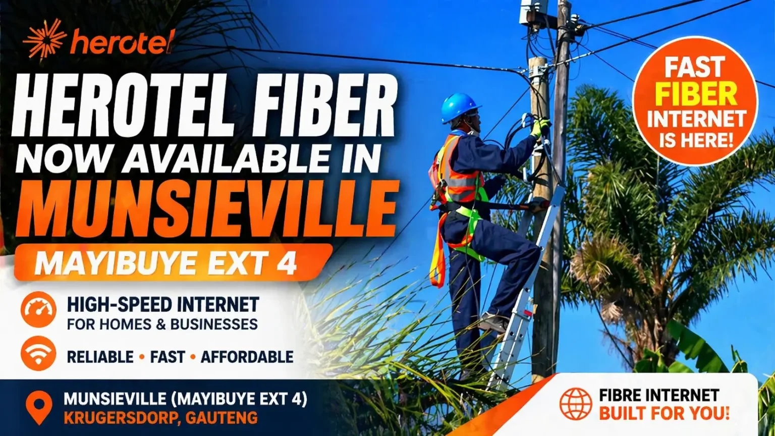 Herotel fibre installation technician working on network pole in Munsieville Mayibuye Ext 4