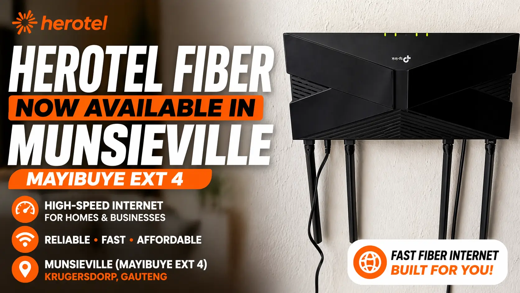 Herotel fibre router installed in a home in Munsieville Mayibuye Ext 4
