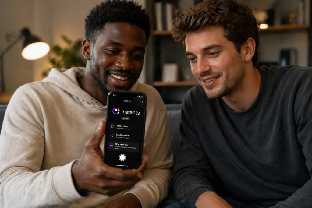 two people using smartphone together with instants app meta open on screen