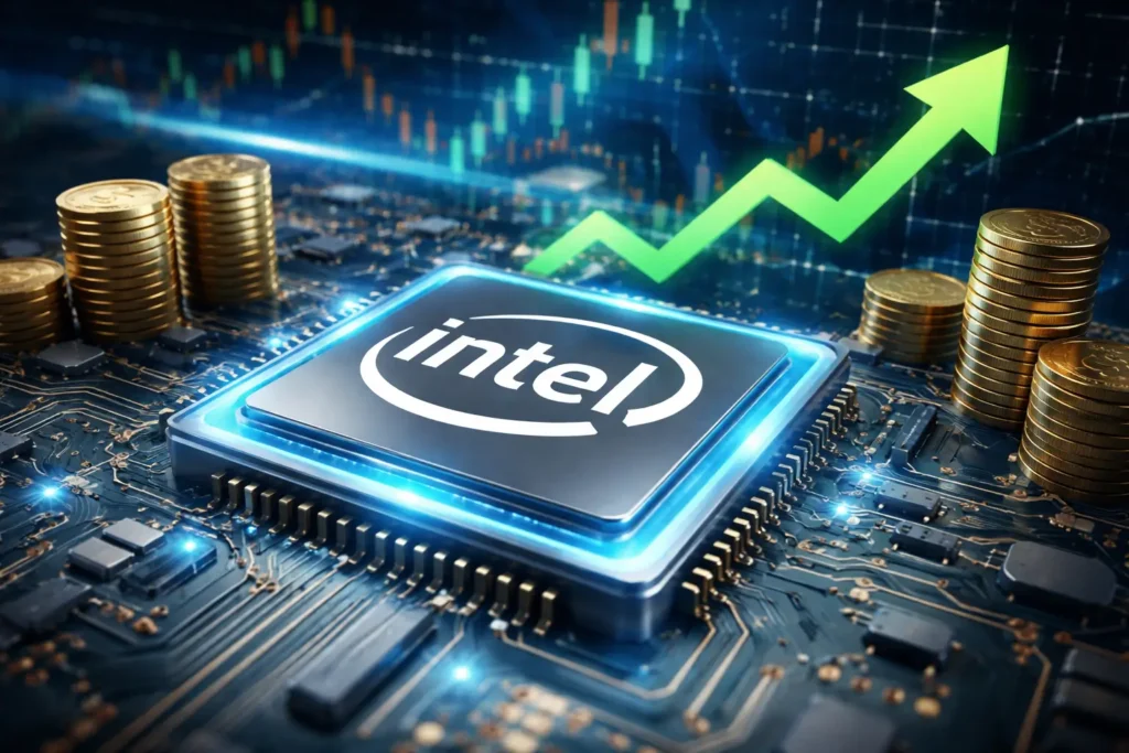 Intel processor with rising stock market graph representing Intel stock surges after Core Series 3 launch