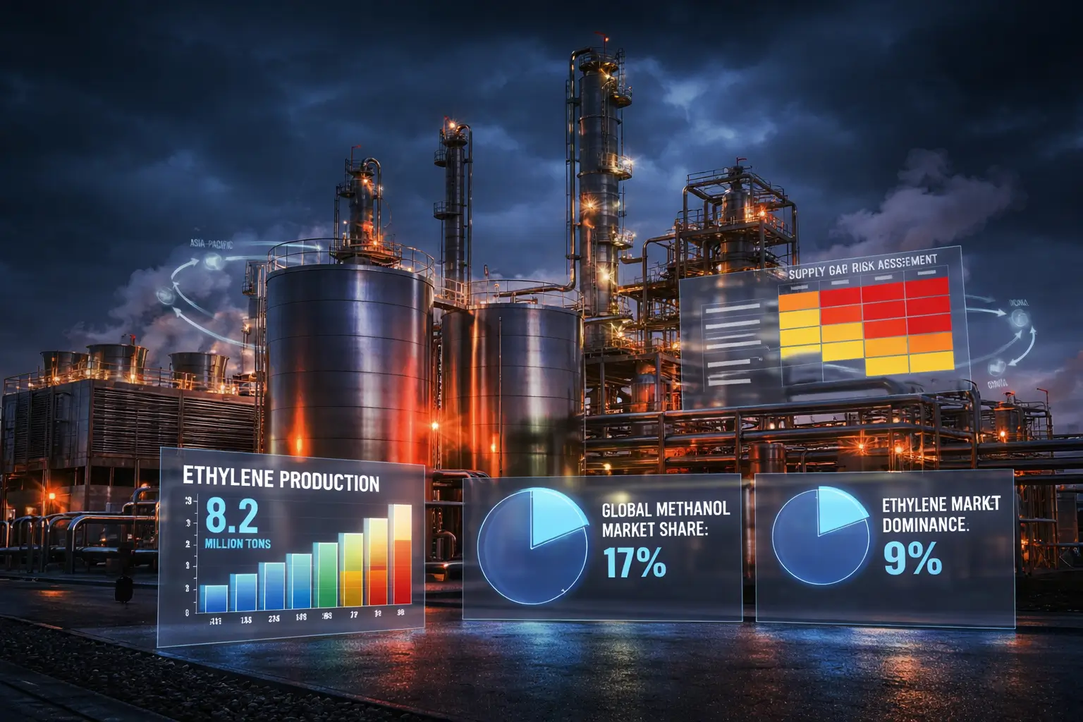 iran petrochemical plant at night showing supply disruption and global market data after infrastructure attacks