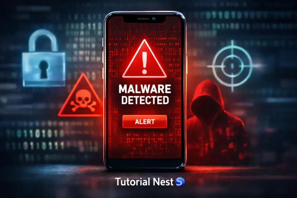 smartphone showing malware detected warning with cybersecurity threat concept and hacker background