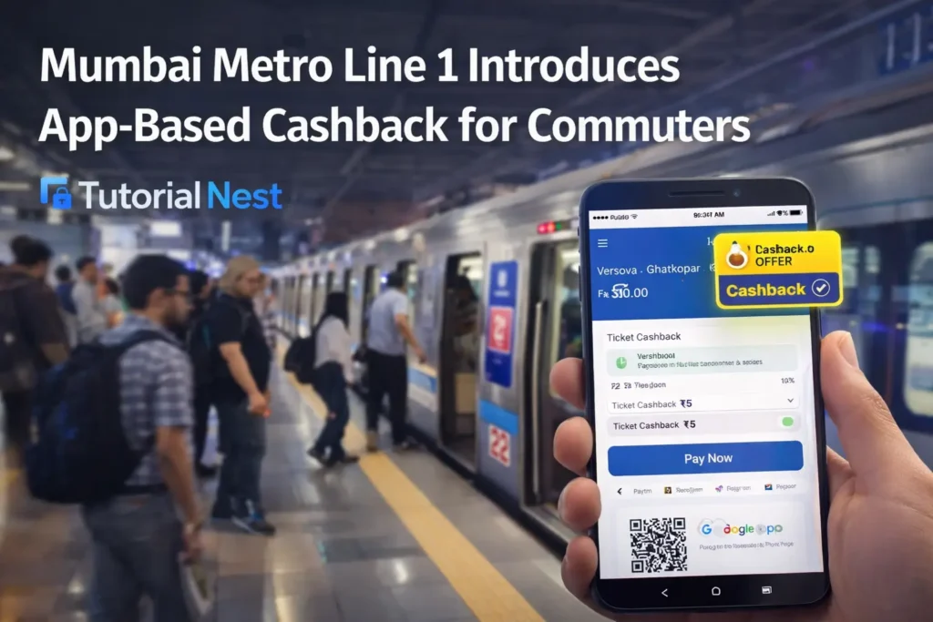 Mumbai Metro Line 1 app-based cashback feature shown on smartphone with commuters at metro station in India