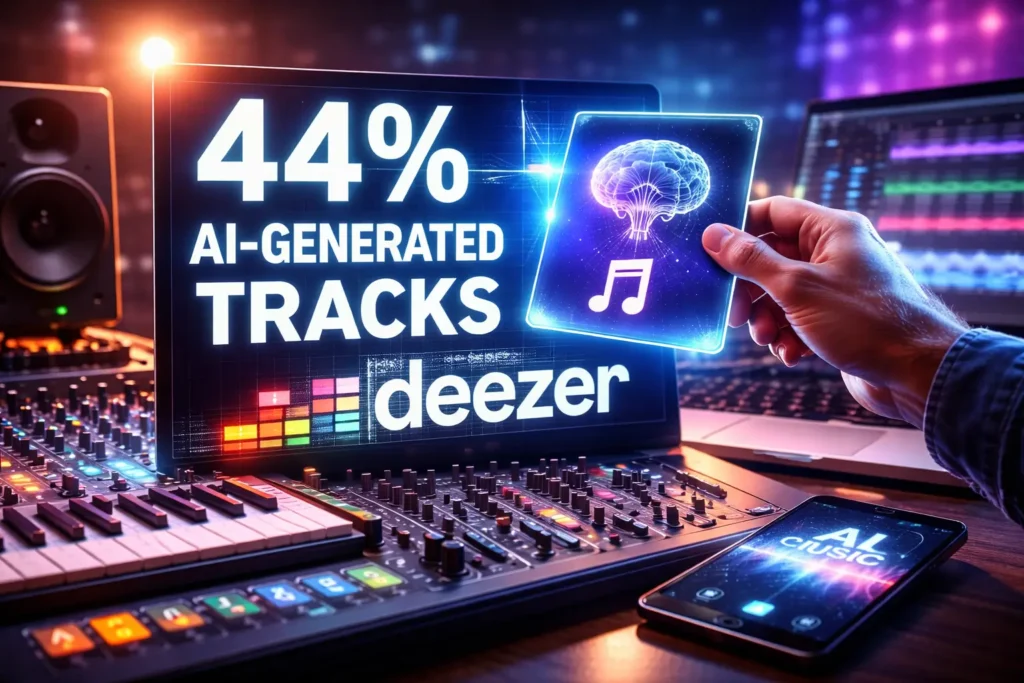 AI music creation interface with neural network visualization and digital audio editing tools